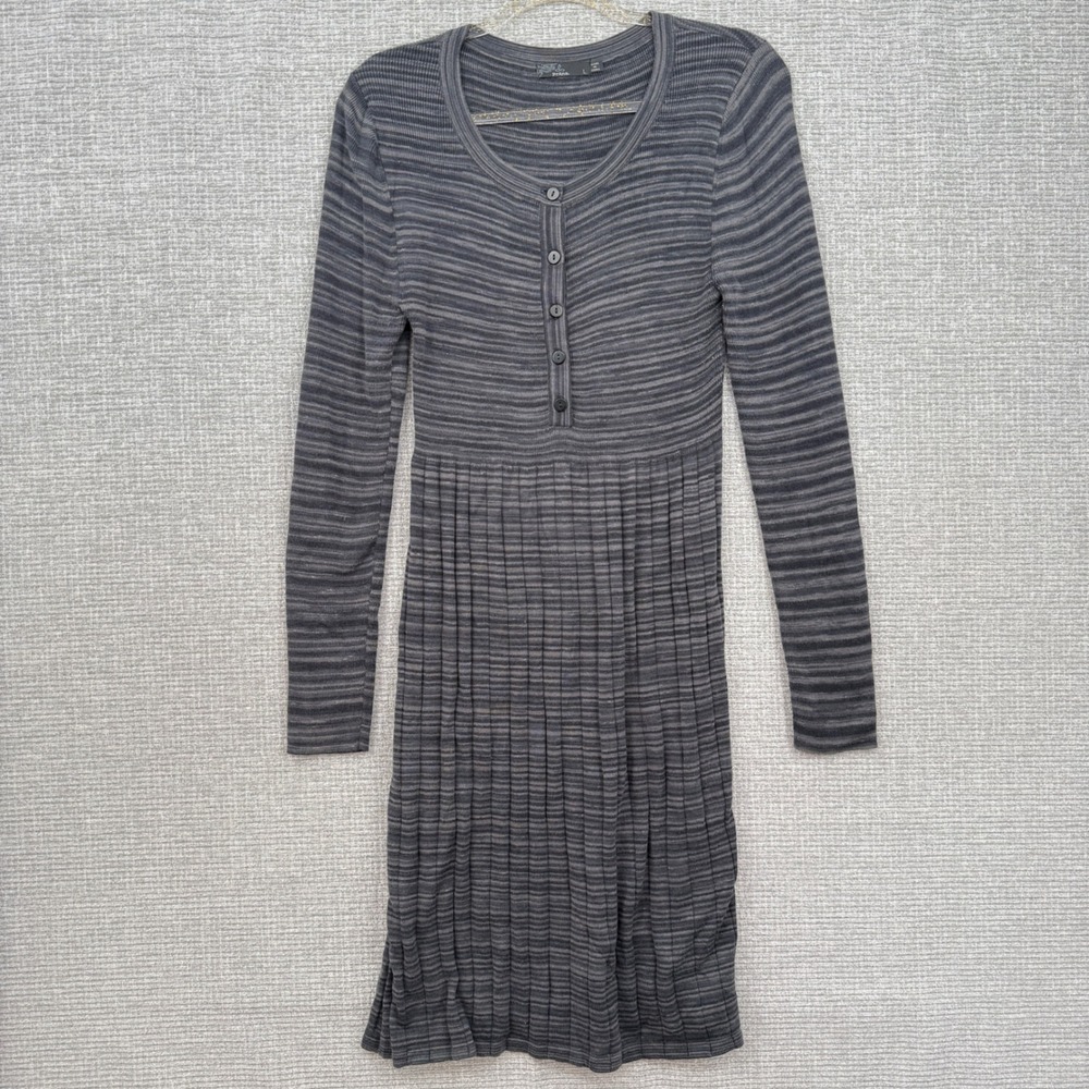 Prana‎ Striped Henley Dress Long Sleeve Button Up Gray Size L Pleated Skirt